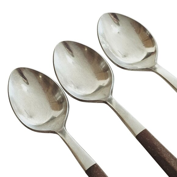 3 Woodwind Teaspoon Spoon 6" wood-like handle vtg midcentury boho minimalist mix - Picture 3 of 9